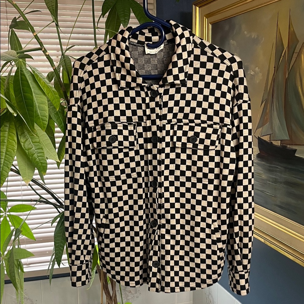 Woman’s Black and Cream Checkered Shirt Jacket